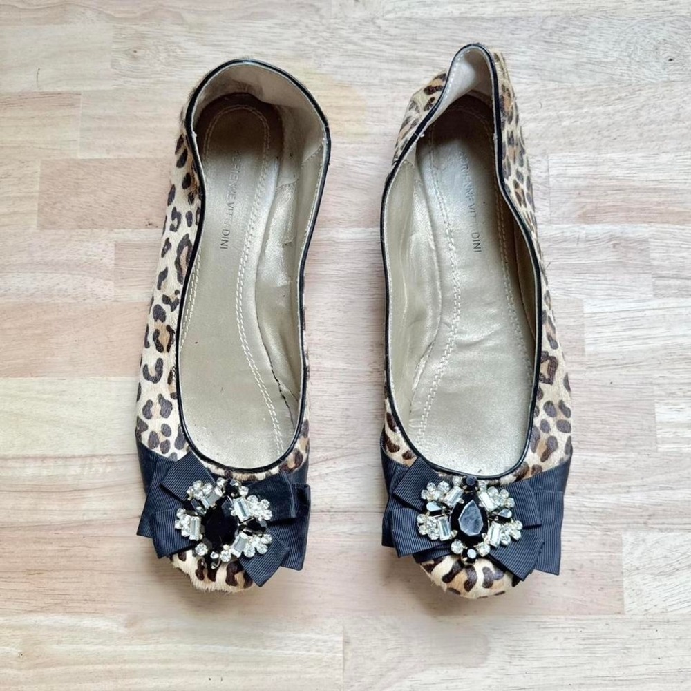 Leopard pony hair ballet flat size 8.5 rhinestone bow brown black